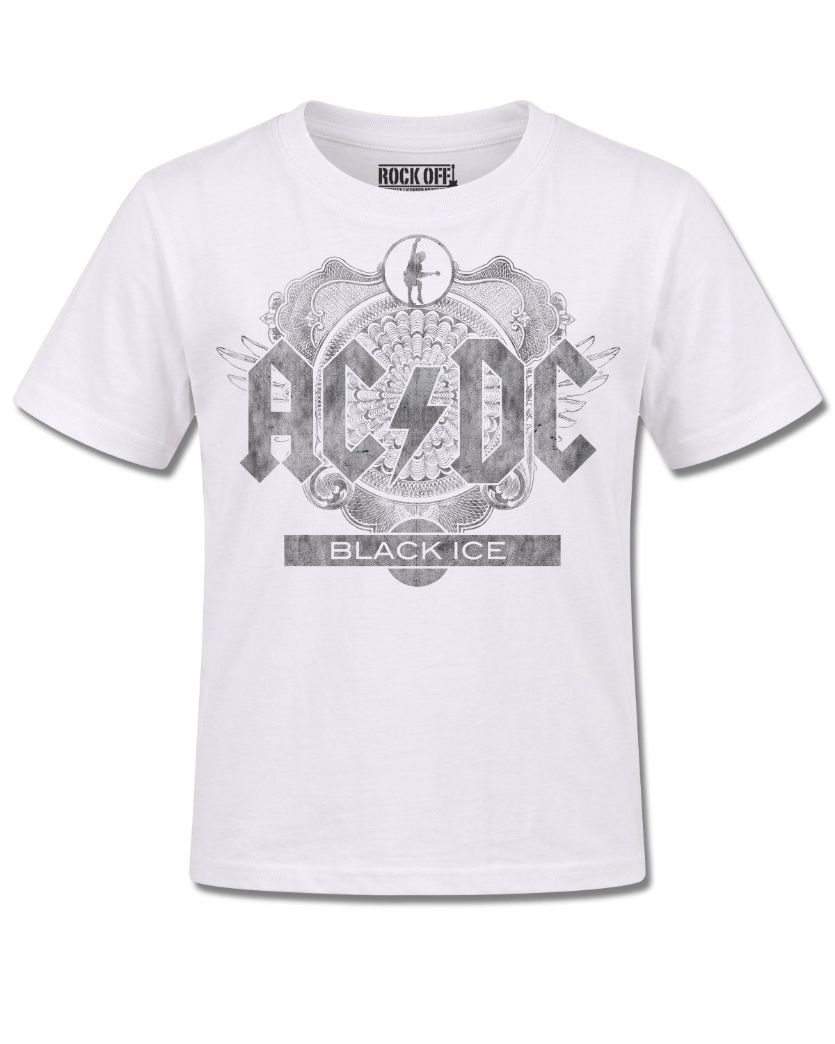 AC/DC Black Ice (AC/DC) design, front view on White K106, Rock Off Retail official merch