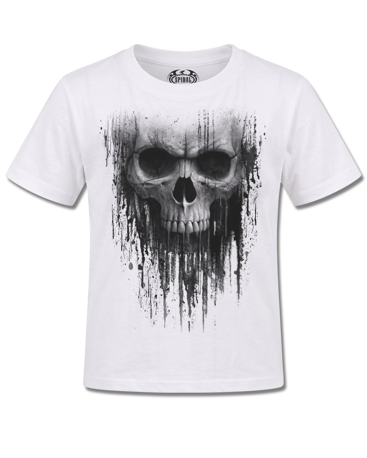 Spiral Acid Skull design, front view on White K106, Rock Off Retail official merch