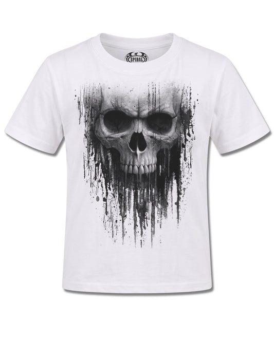 Spiral Acid Skull design, front view on White K106, Rock Off Retail official merch