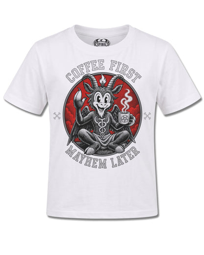 Spiral Coffee And Mayhem design, front view on White K106, Rock Off Retail official merch