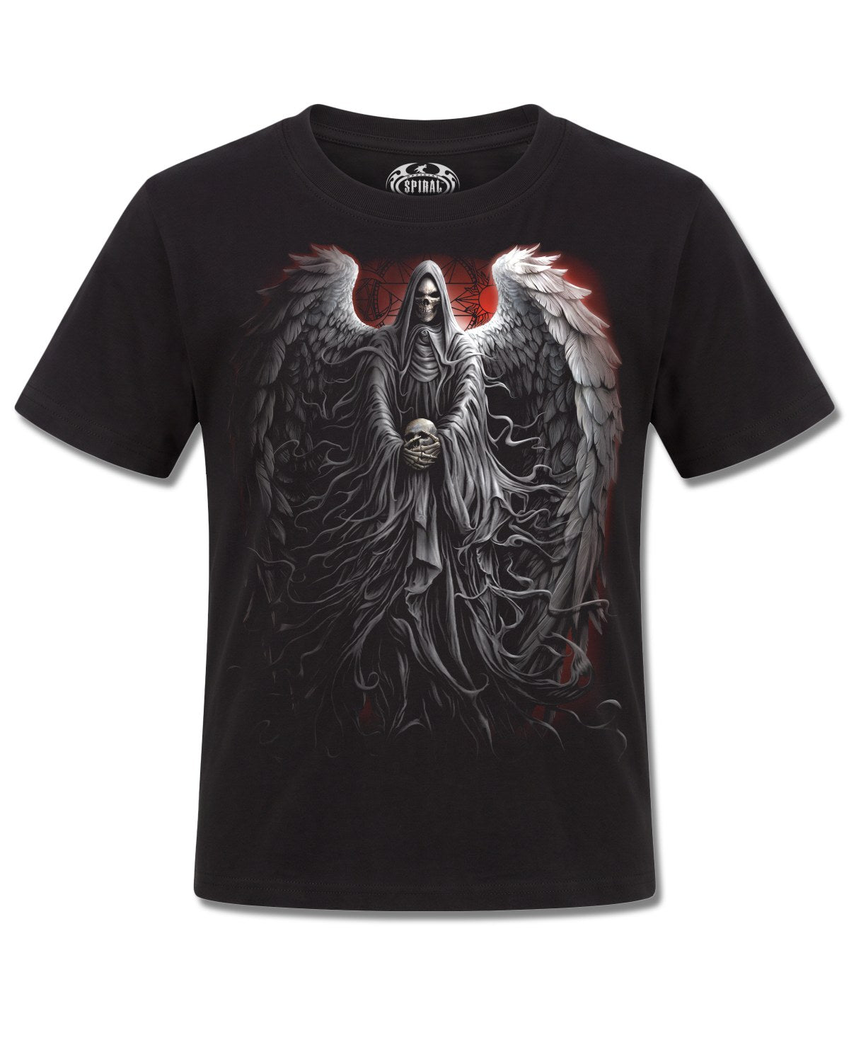 Spiral Death Robe design, front view on Black K121, Rock Off Retail official merch