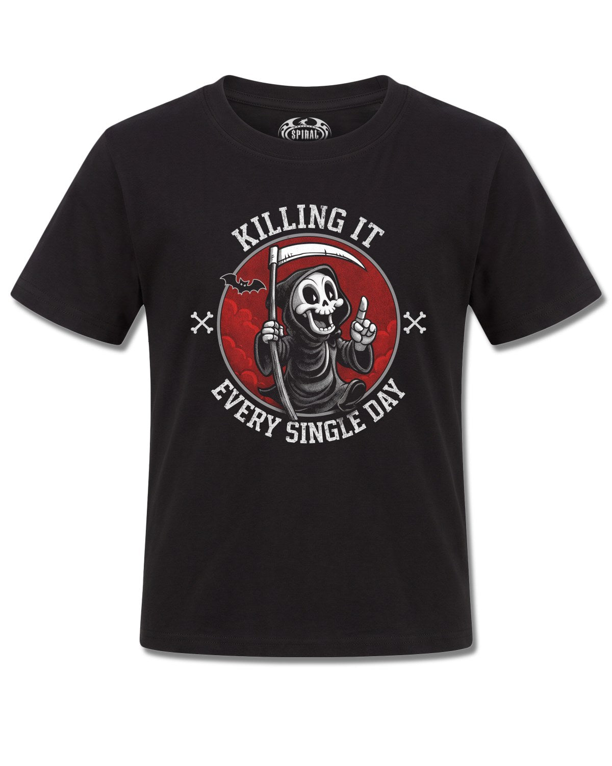 Spiral Killing IT design, front view on Black K121, Rock Off Retail official merch