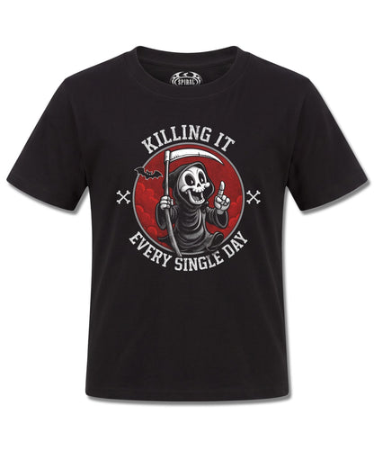 Spiral Killing IT design, front view on Black K121, Rock Off Retail official merch