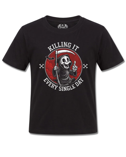 Spiral Killing IT design, front view on Black K121, Rock Off Retail official merch