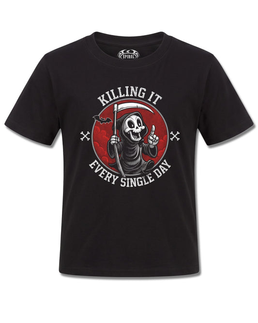 Spiral Killing IT design, front view on Black K121, Rock Off Retail official merch