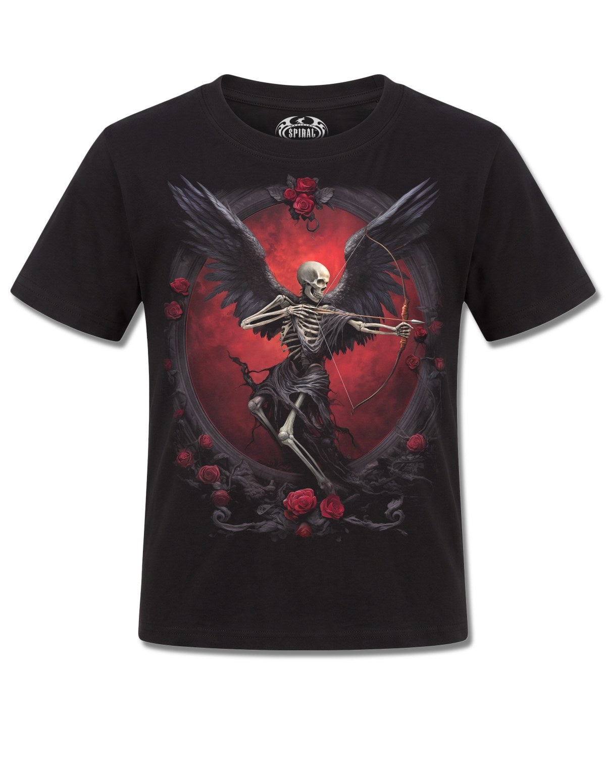Spiral Cupid's Curse design, front view on Black K121, Rock Off Retail official merch