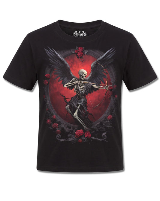 Spiral Cupid's Curse design, front view on Black K121, Rock Off Retail official merch
