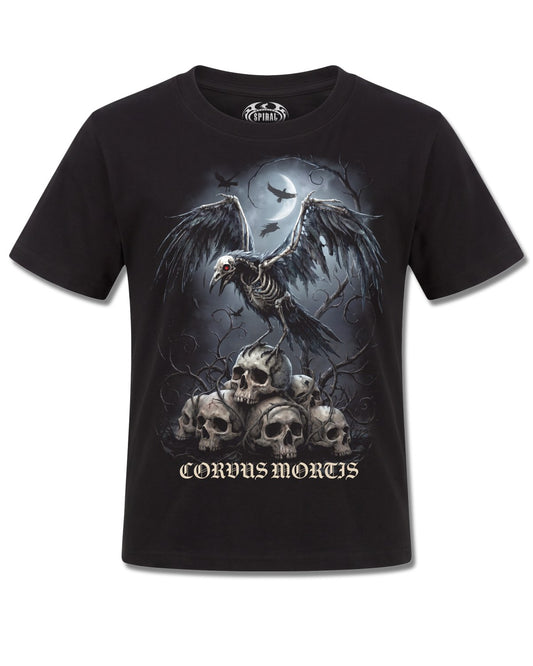 Spiral Corvus Mortis design, front view on Black K121, Rock Off Retail official merch