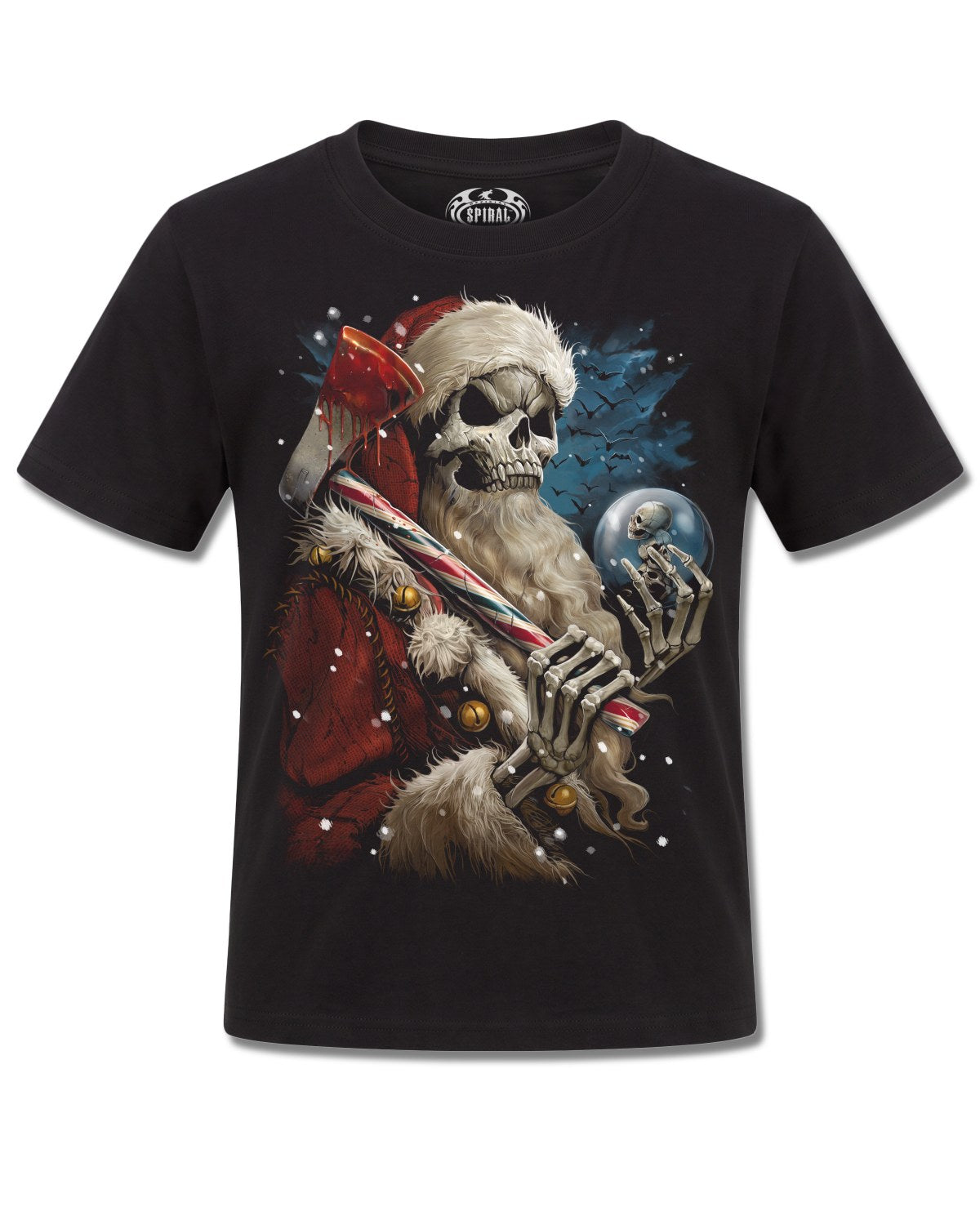 Spiral Candy Cane Santa design, front view on Black K121, Rock Off Retail official merch