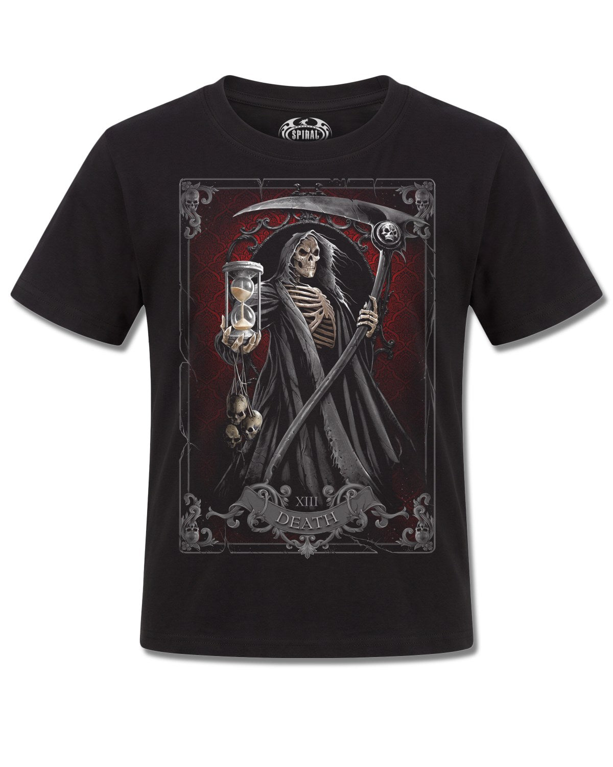 Spiral Death Tarot design, front view on Black K121, Rock Off Retail official merch