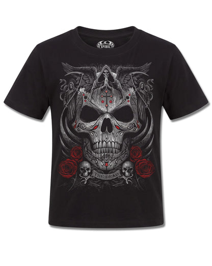Spiral The Dead design, front view on Black K121, Rock Off Retail official merch