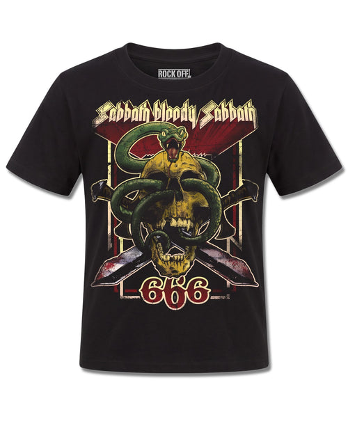 Black Sabbath Bloody Sabbath 666 (Black Sabbath) design, front view on Black K121, Rock Off Retail official merch