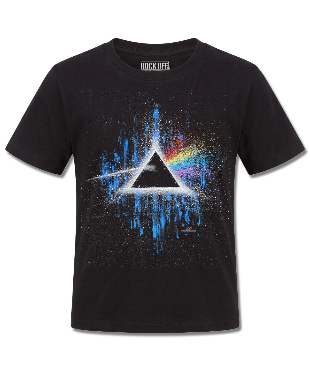 Pink Floyd Dark Side Of The Moon Blue Splatter (Pink Floyd) design, front view on Black K121, Rock Off Retail official merch