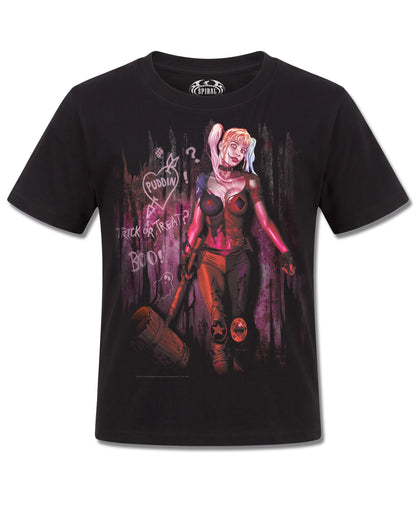 DC Comics Harley Quinn Trick Or Treat (Harley Quinn) design, front view on Black K121, Rock Off Retail official merch