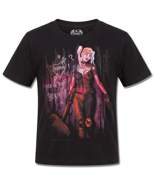 DC Comics Harley Quinn Trick Or Treat (Harley Quinn) design, front view on Black K121, Rock Off Retail official merch