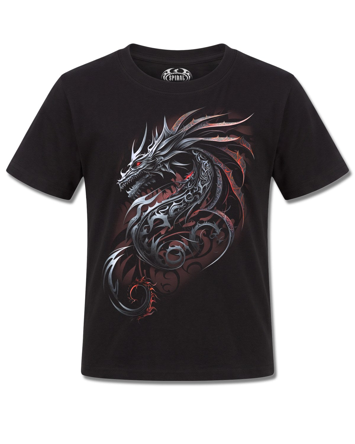 Spiral Dragon Shards design, front view on Black K121, Rock Off Retail official merch