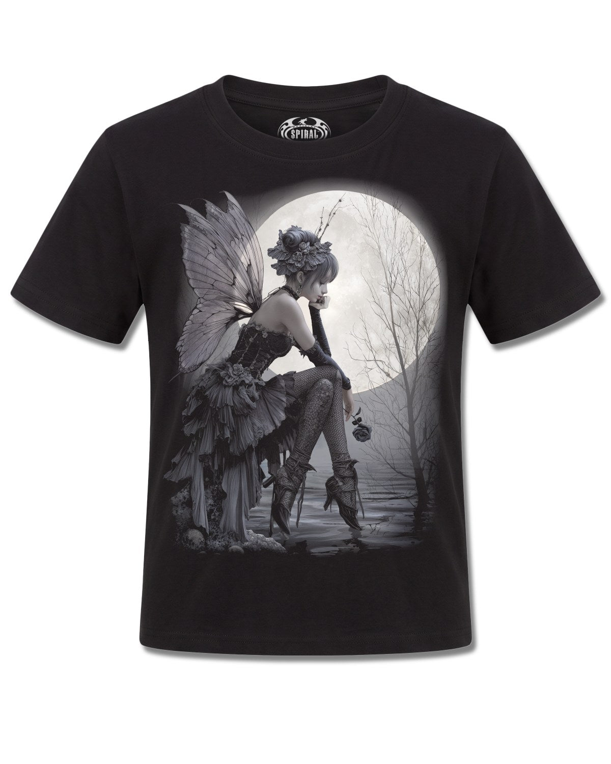 Spiral Reflections design, front view on Black K121, Rock Off Retail official merch