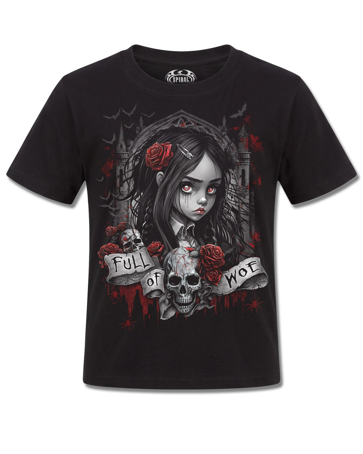 Spiral Full Of Woe design, front view on Black K121, Rock Off Retail official merch