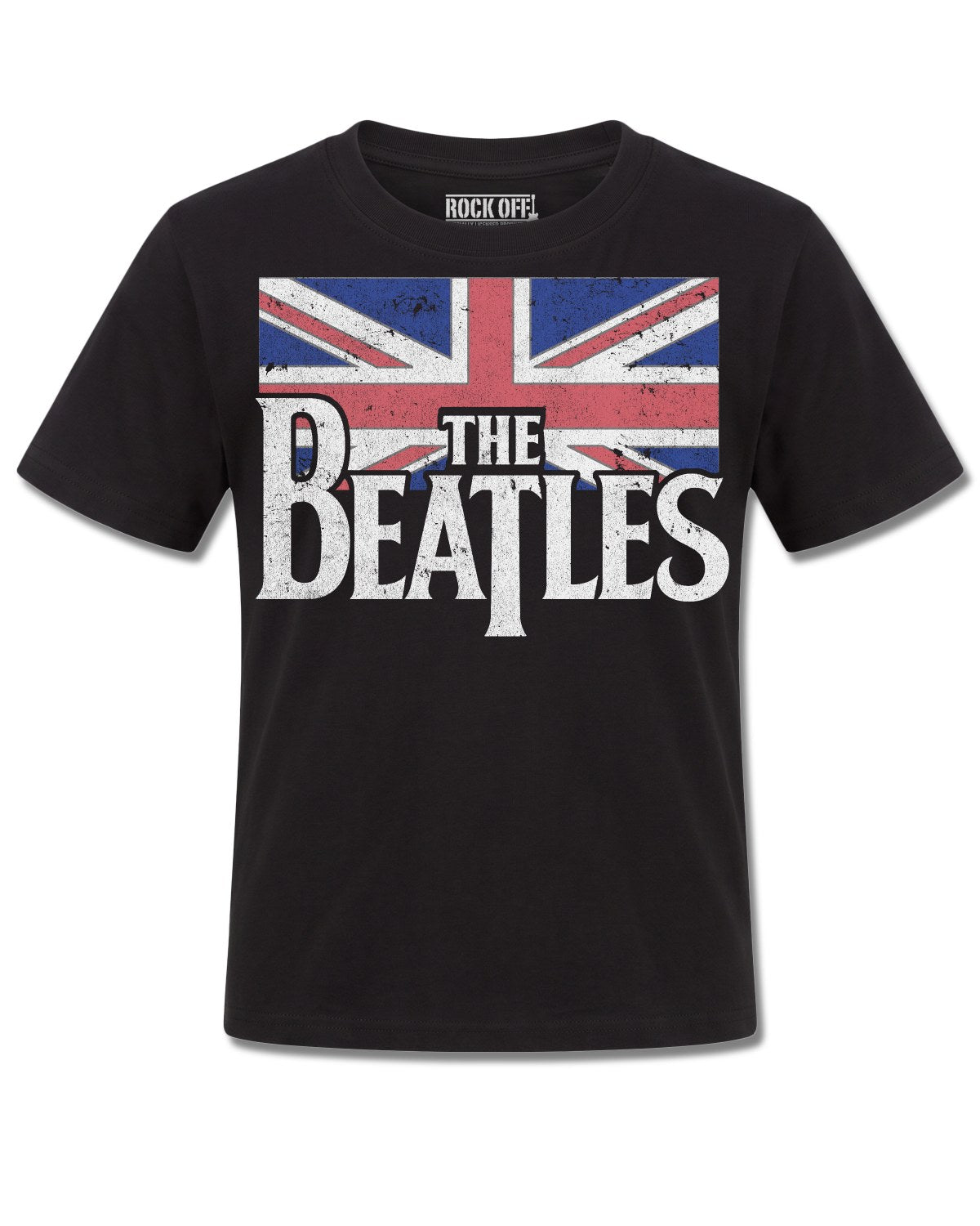 The Beatles Drop T Logo & Vintage Flag (The Beatles) design, front view on Black K121, Rock Off Retail official merch