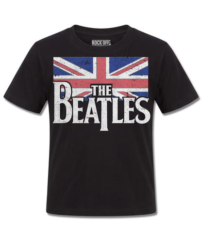 The Beatles Drop T Logo & Vintage Flag (The Beatles) design, front view on Black K121, Rock Off Retail official merch