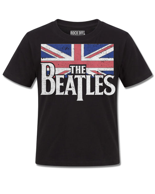 The Beatles Drop T Logo & Vintage Flag (The Beatles) design, front view on Black K121, Rock Off Retail official merch