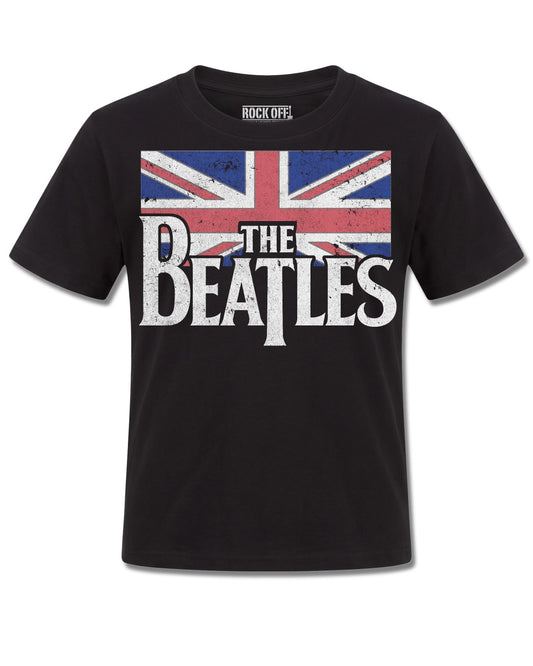 The Beatles Drop T Logo & Vintage Flag (The Beatles) design, front view on Black K121, Rock Off Retail official merch