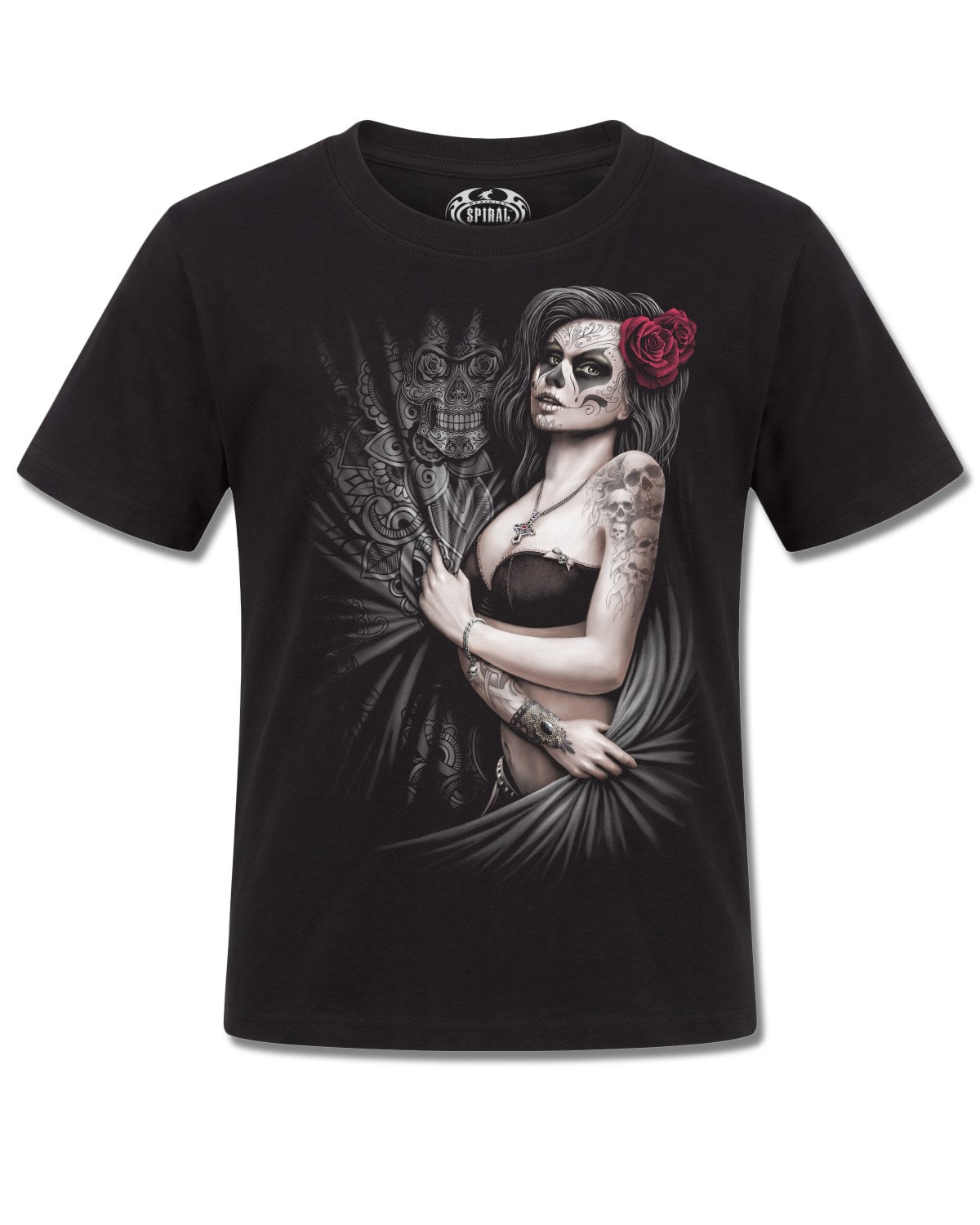 Spiral Dead Love design, front view on Black K121, Rock Off Retail official merch