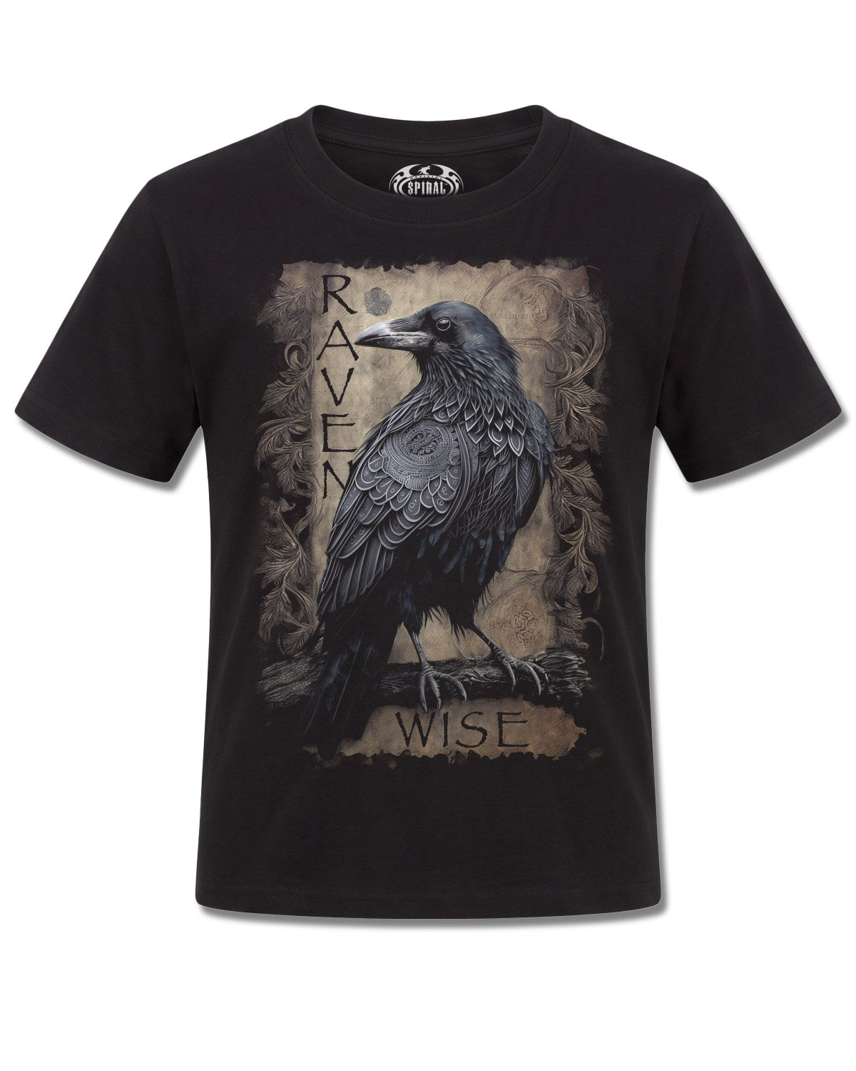 Spiral Raven Wise design, front view on Black K121, Rock Off Retail official merch