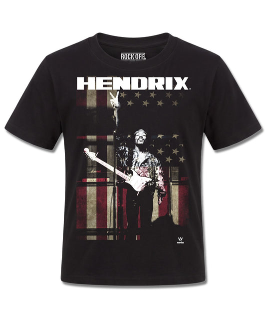 Jimi Hendrix Peace Flag (Jimi Hendrix) design, front view on Black K121, Rock Off Retail official merch