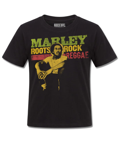 Bob Marley Roots, Rock, Reggae (Bob Marley) design, front view on Black K121, Rock Off Retail official merch