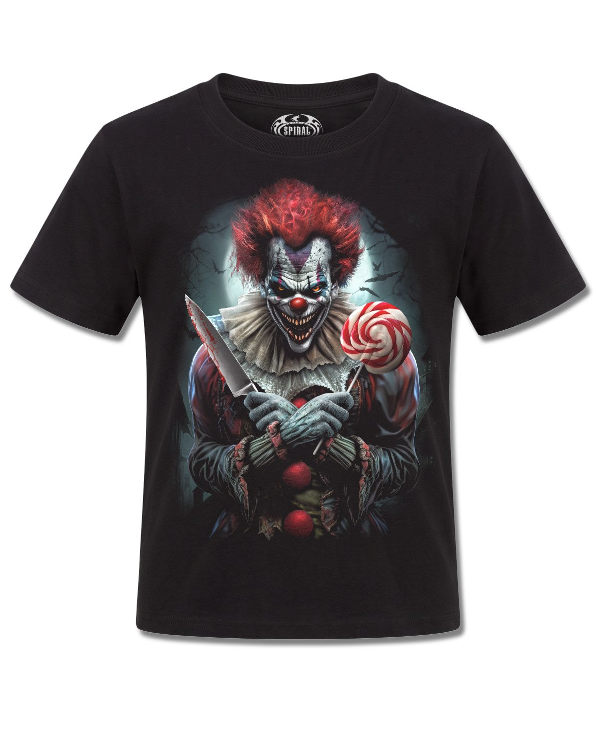 Spiral Trick Or Treat design, front view on Black K121, Rock Off Retail official merch