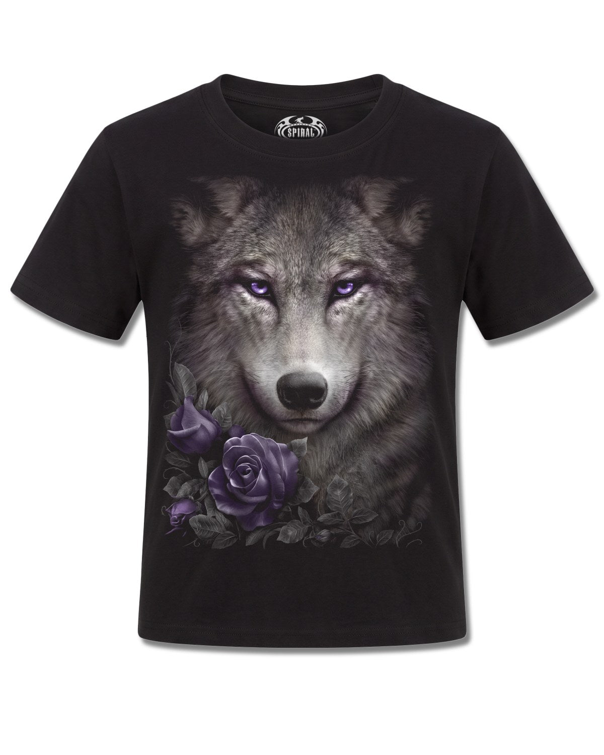 Spiral Wolf Roses design, front view on Black K121, Rock Off Retail official merch