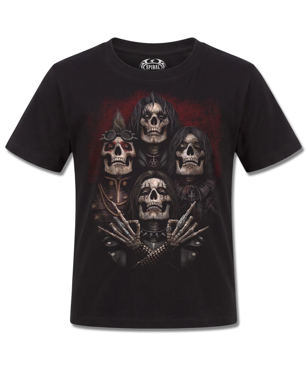 Spiral Faces Of Goth design, front view on Black K121, Rock Off Retail official merch