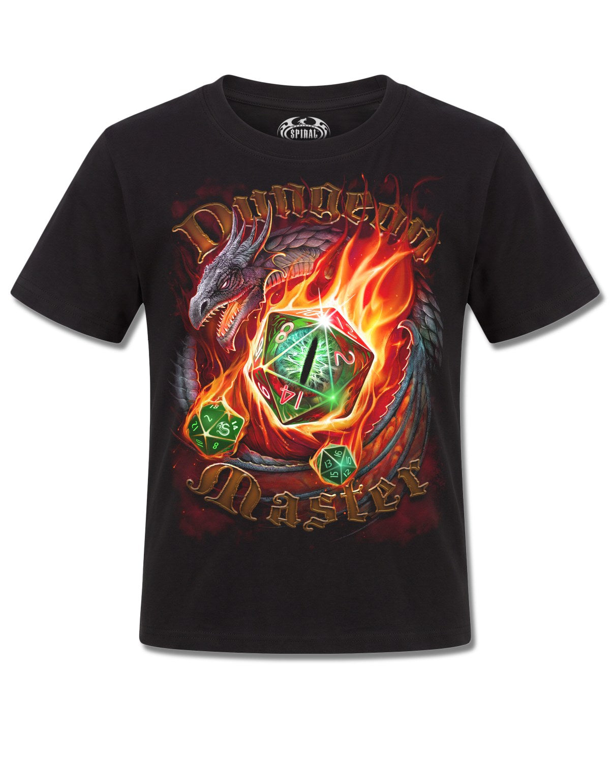 Spiral Dungeon Master design, front view on Black K121, Rock Off Retail official merch