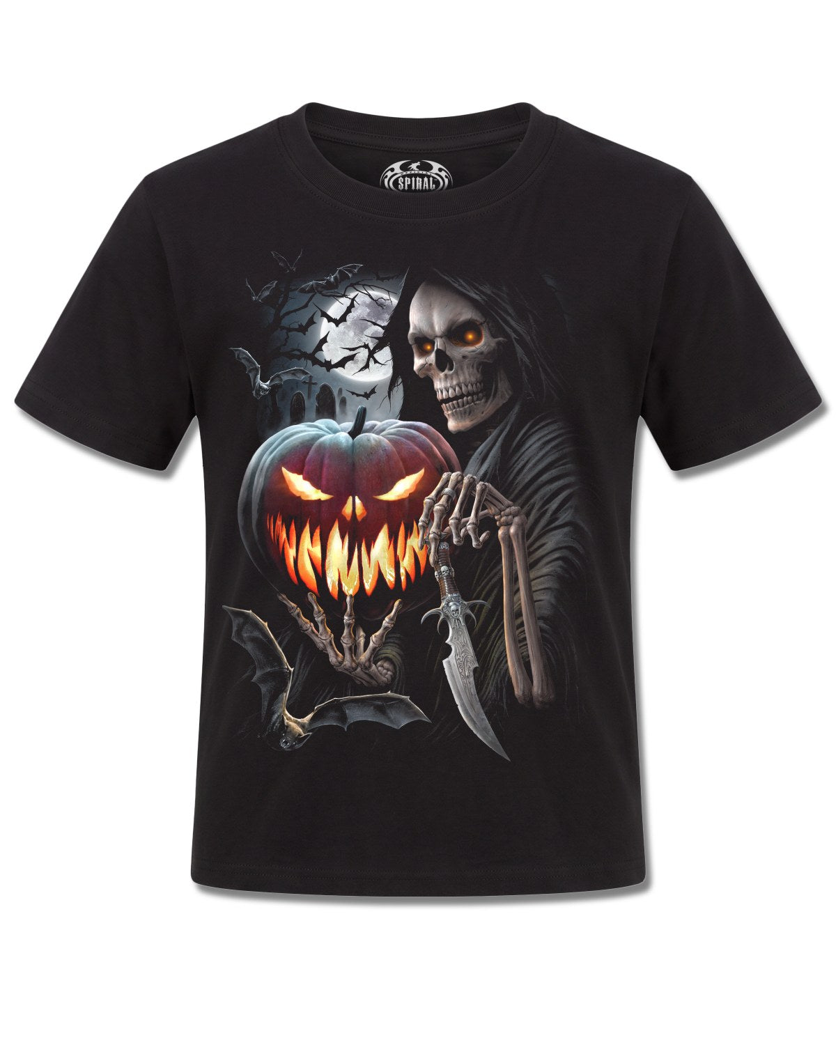Spiral Carving Death design, front view on Black K121, Rock Off Retail official merch