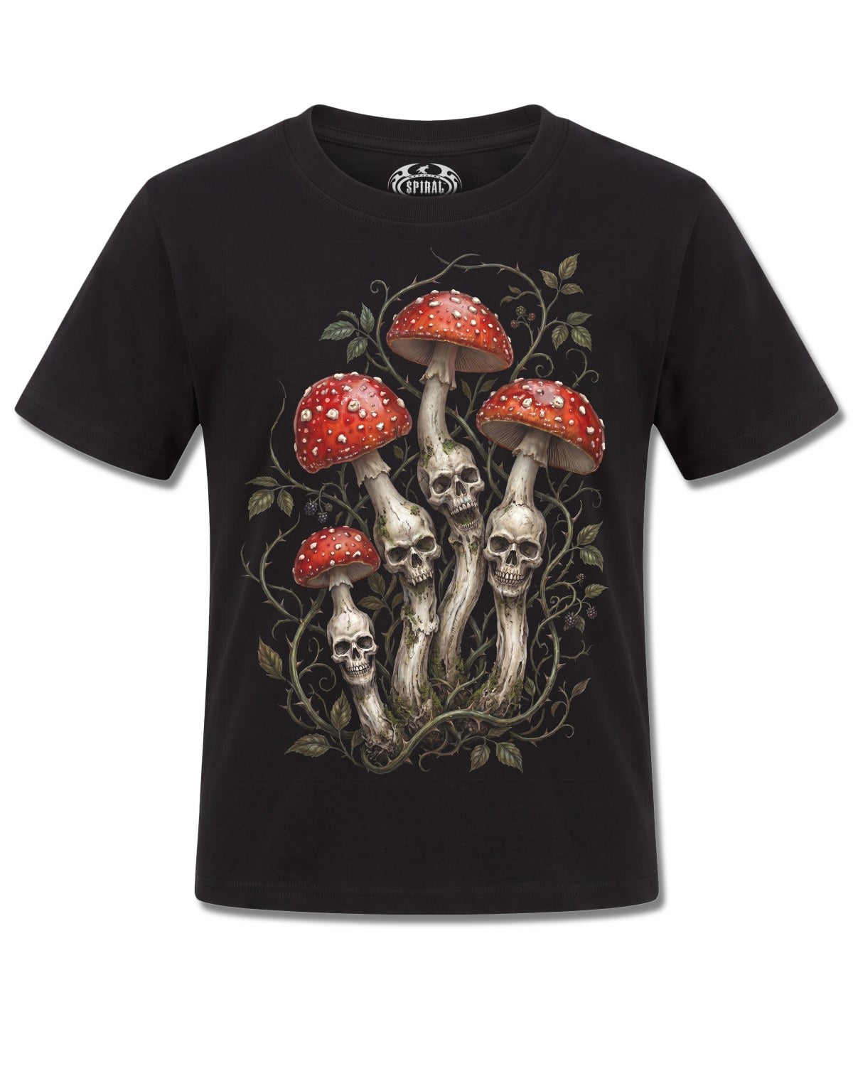 Spiral Shrooms design, front view on Black K121, Rock Off Retail official merch