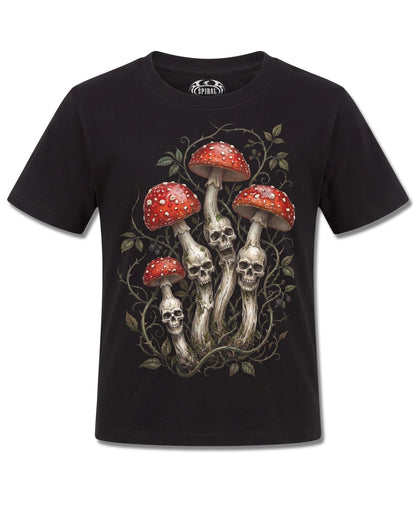 Spiral Shrooms design, front view on Black K121, Rock Off Retail official merch