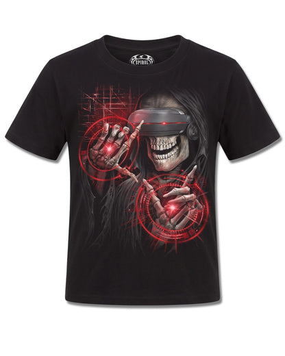 Spiral Cyber Death design, front view on Black K121, Rock Off Retail official merch