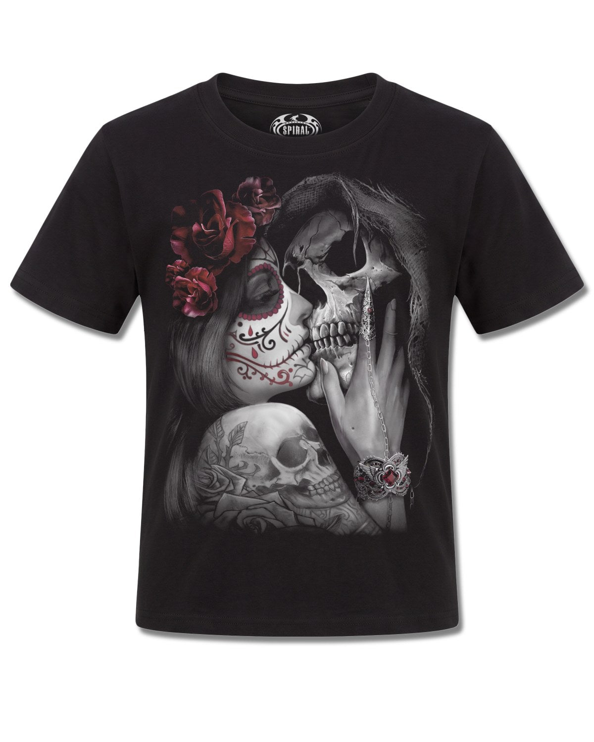 Spiral Dead Kiss design, front view on Black K121, Rock Off Retail official merch