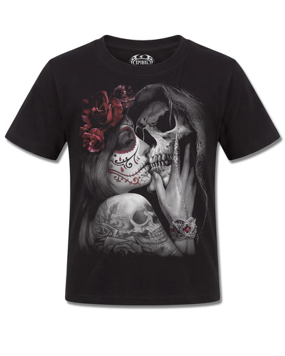 Spiral Dead Kiss design, front view on Black K121, Rock Off Retail official merch