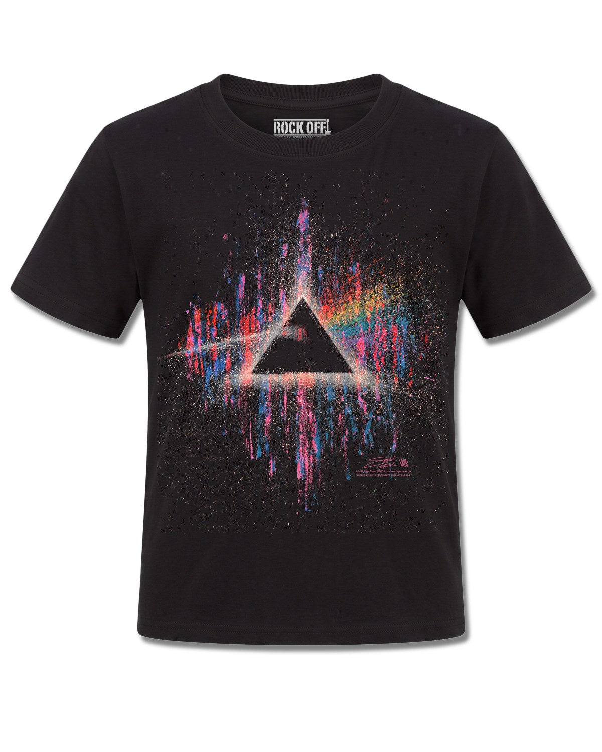 Pink Floyd Dark Side Of The Moon Pink Splatter (Pink Floyd) design, front view on Black K121, Rock Off Retail official merch