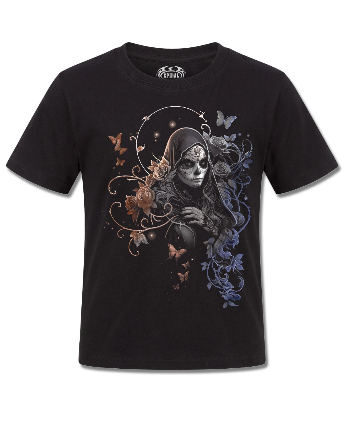 Spiral Gothic Grace design, front view on Black K121, Rock Off Retail official merch