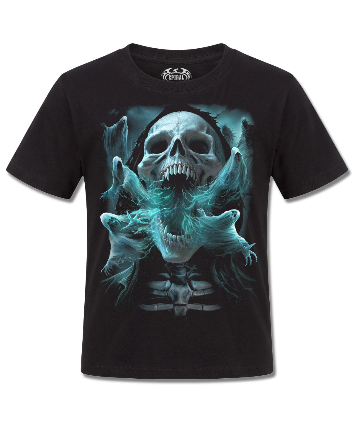 Spiral Ghost Skull design, front view on Black K121, Rock Off Retail official merch