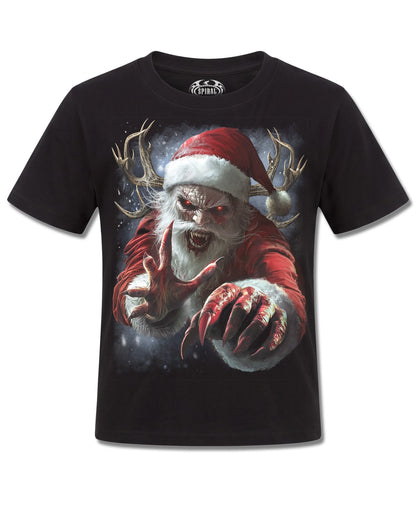 Spiral Naughty Or Nice Santa design, front view on Black K121, Rock Off Retail official merch