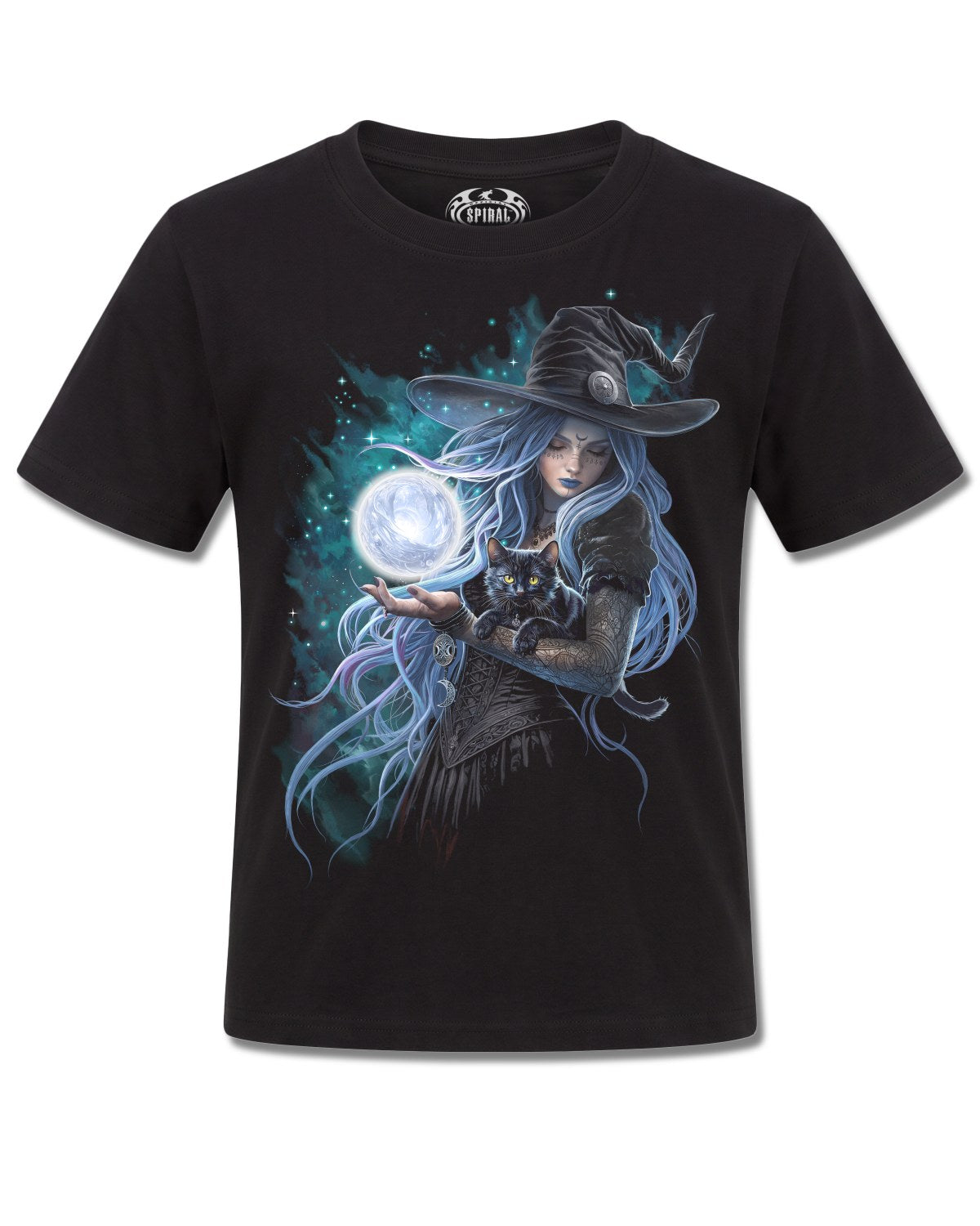 Spiral Mystic Moon design, front view on Black K121, Rock Off Retail official merch