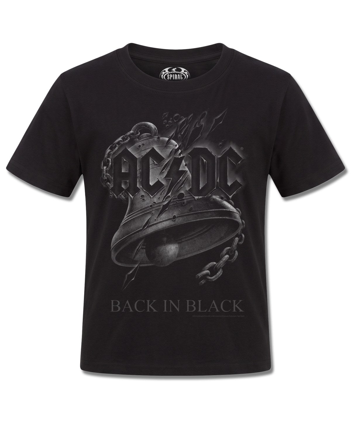 AC/DC Back In Black Torn (AC/DC) design, front view on Black K121, Rock Off Retail official merch