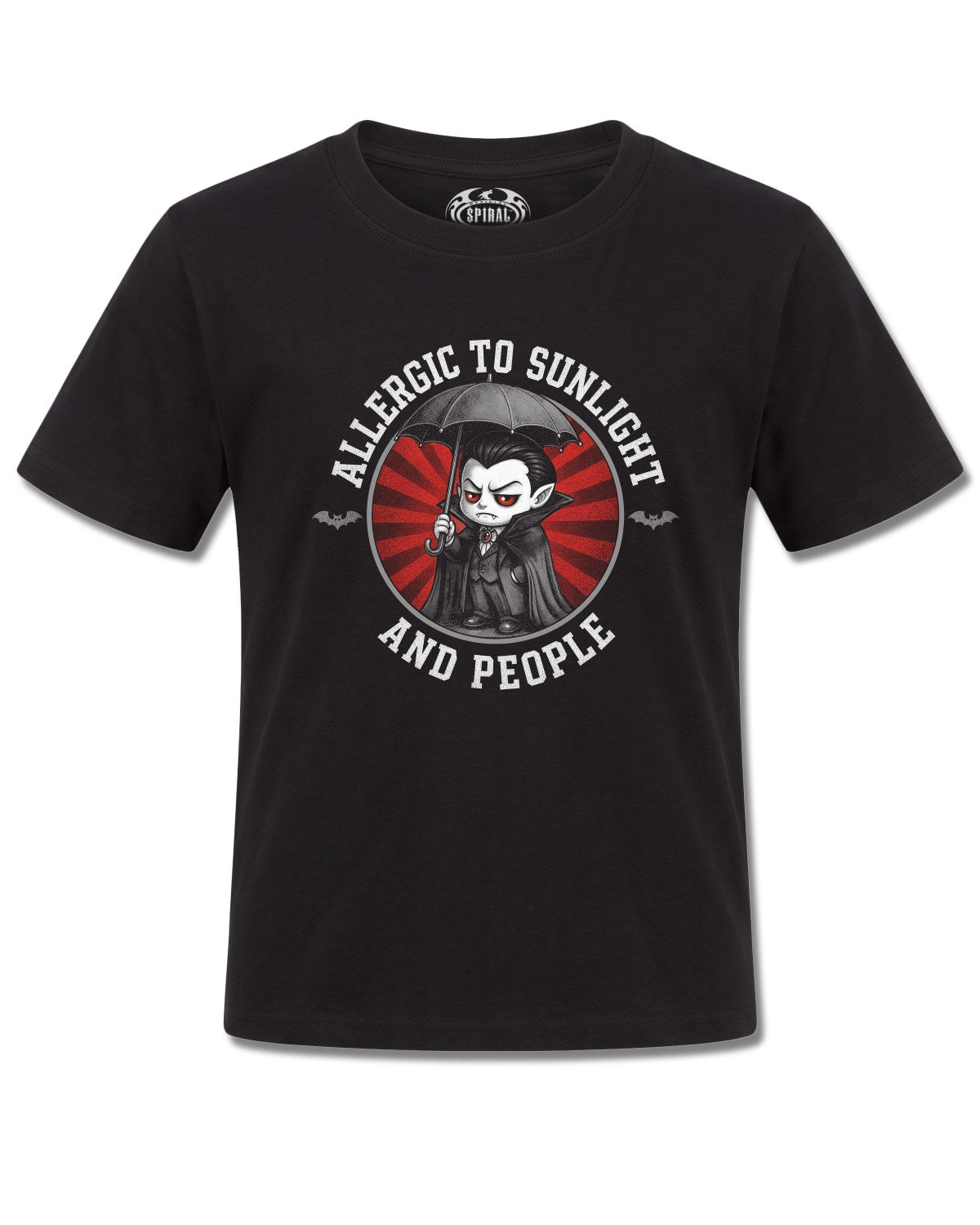 Spiral Allergies design, front view on Black K121, Rock Off Retail official merch