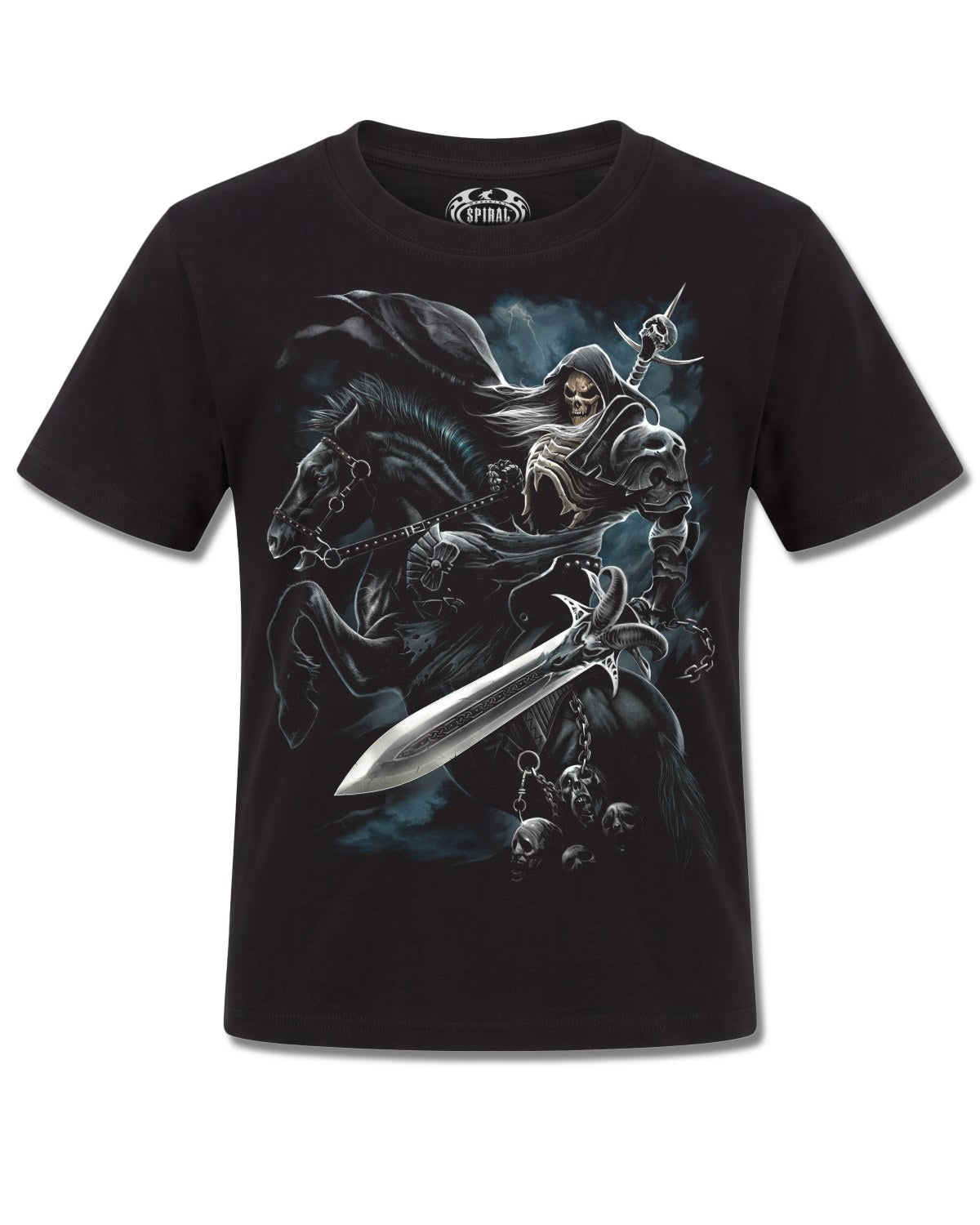 Spiral Grim Rider design, front view on Black K121, Rock Off Retail official merch