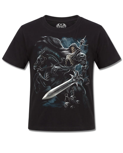 Spiral Grim Rider design, front view on Black K121, Rock Off Retail official merch