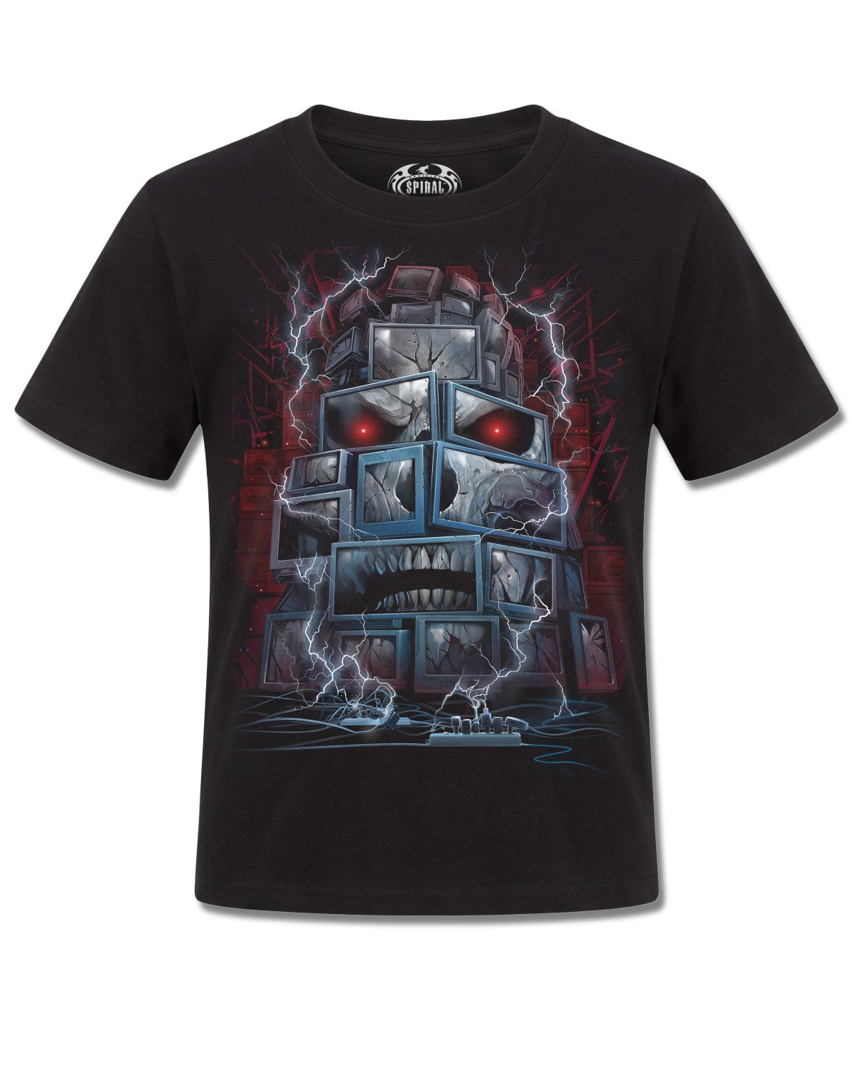 Spiral Death By TV design, front view on Black K121, Rock Off Retail official merch